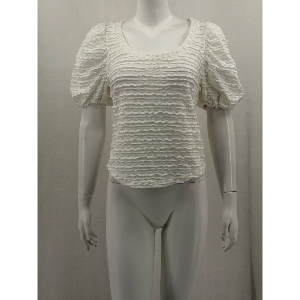 Anthropologie Top Women Small Ivory Textured Ruffled Puff Sleeve Feminine Dainty